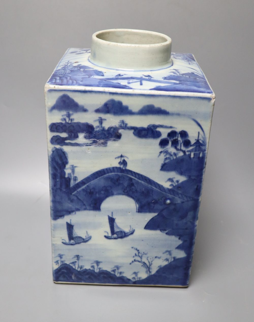 A 19th century Chinese blue and white square canister, height 30cm